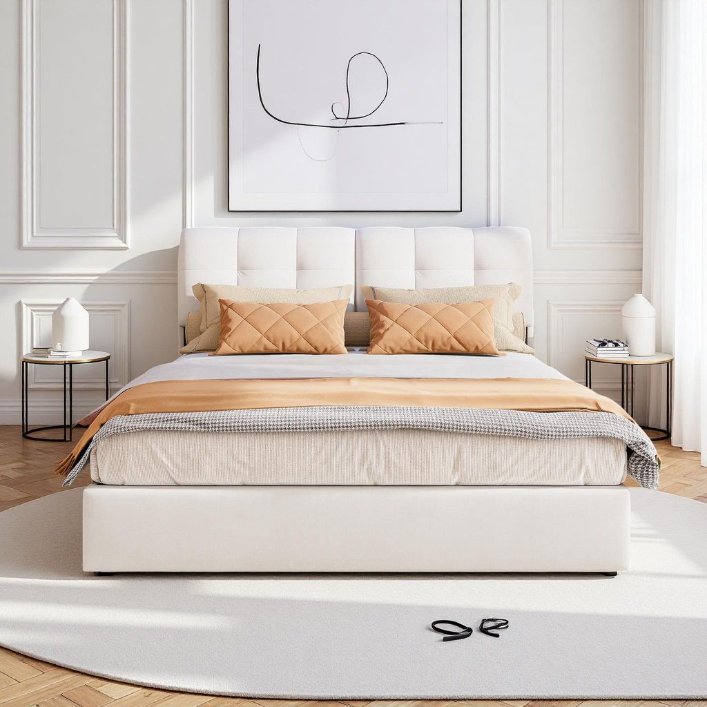 ProximaX Polsterbett 140x200 cm, quadratisches Rückenlehnendesign, LED-Beleuchtung, Stauraum unter dem Bett, bequemer Schlaf, geeignet für Schlaf...