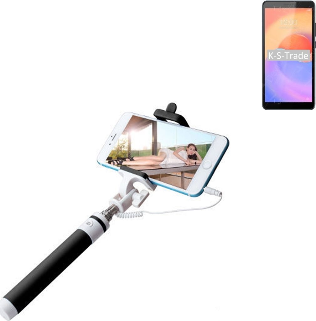 K-S-Trade Selfie Stick kompatibel mit ZTE Blade A31 Plus Selfiestick kabelgebunden Monopod mit Kabel Stab Stange Selfportrait Handheldstick schwarz