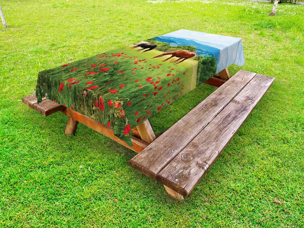 ABAKUHAUS Tovaglia da esterno con cavalli, diversi tipi di cavalli, prato, campo di papaveri, paesaggio montano, scene rurali, multicolore, 145x265 cm