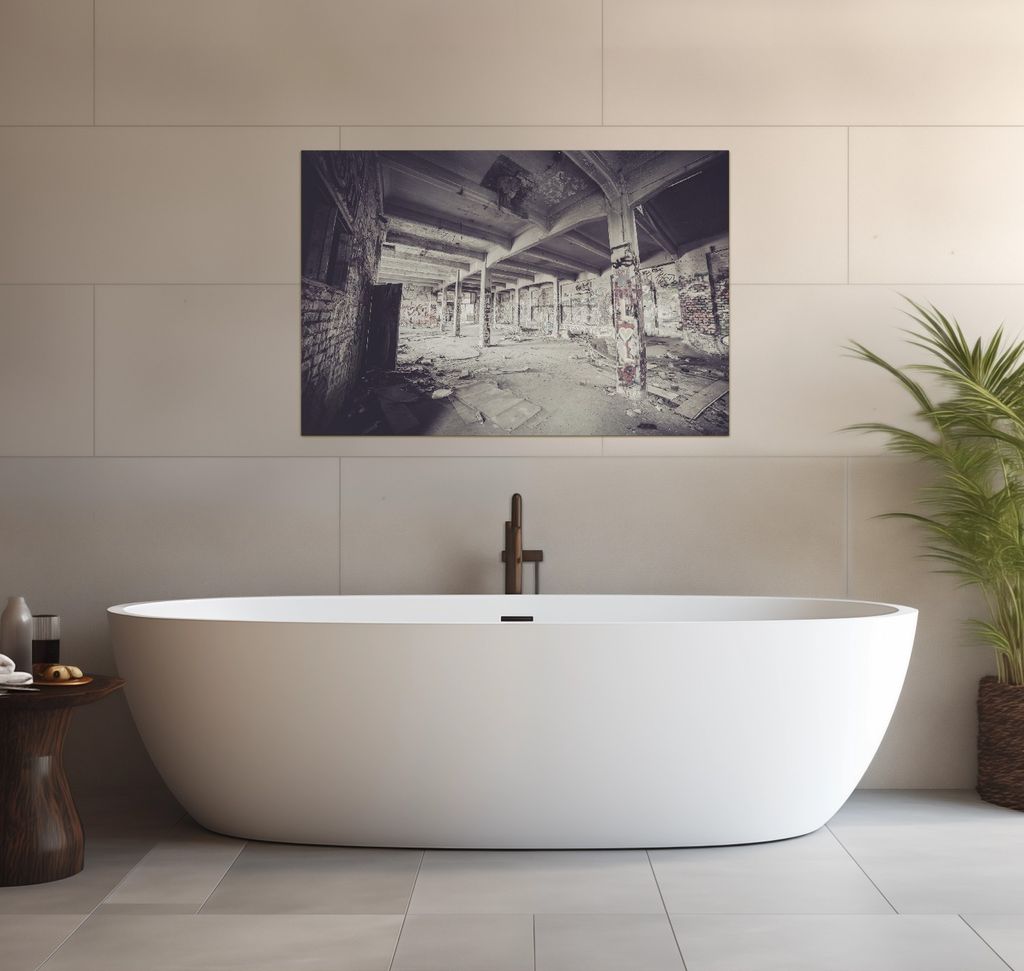 Wallario wasserfestes Poster selbstklebend 91,50 x 61 cm, Alte verlassene Fabrikhalle, Badezimmerposter Spritzschutz mit Hochglanzoberfläche in Gl...