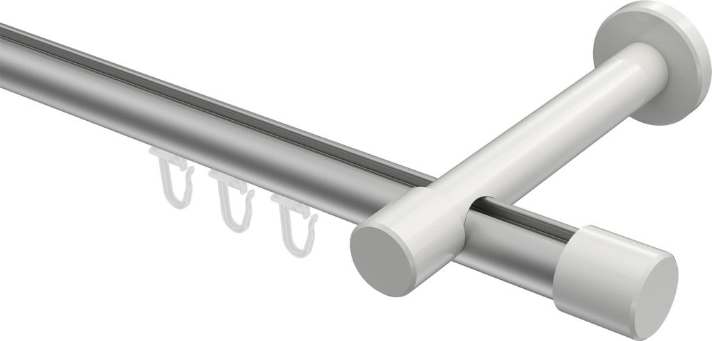 Interdeco Innenlaufstange / Gardinenstange mit Innenlauf Silbergrau / Weiß, Typ Prestige Santo (Kappe), 20 mm Ø 1-läufig, 160 cm
