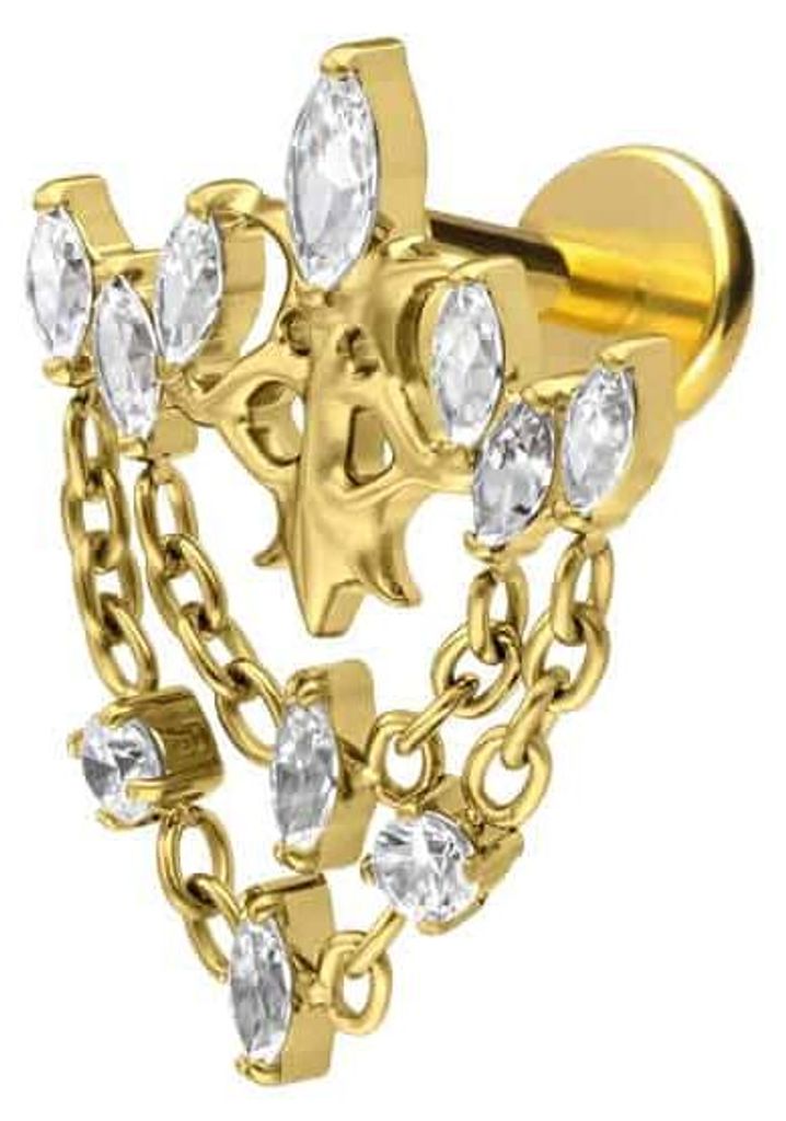 Ohrpiercing, Nasenpiercing Titan Labret mit Push Fit GOTISCHE KRONE + KETTEN Gold Stablänge: 5mm | Stabstärke: 1mm