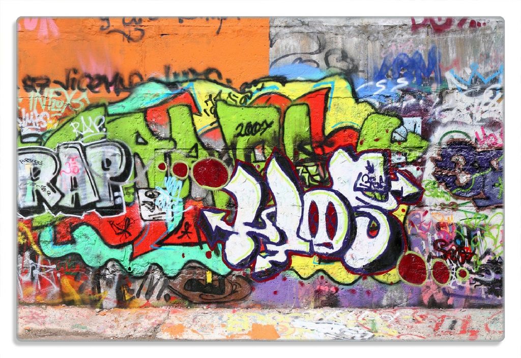 Wallario Frühstücksbrettchen aus Glas 20 x 30 cm mit rutschfesten Füßen, Motiv RAP-Graffiti- Wand mit verschiedenen Tags