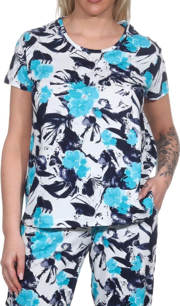 Damen Schlafanzug Shirt kurzarm Pyjama Oberteil Mix & Match in floraler Optik ; hellblau , 44