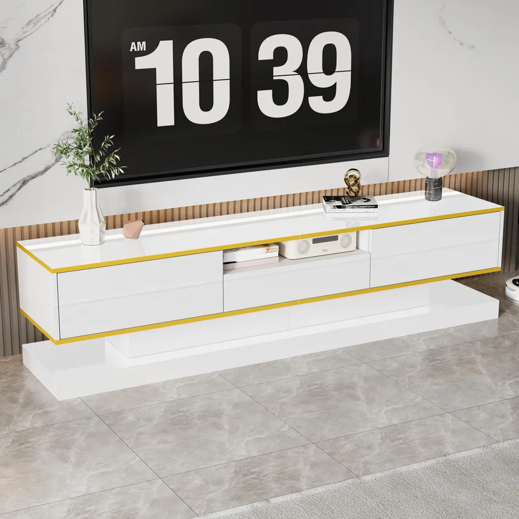 Banc TV Design avec LED Meuble de Salon Blanc Laqué OKWISH