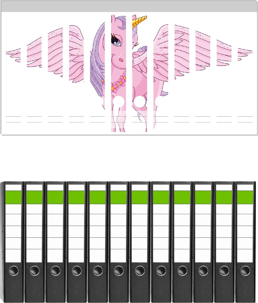 Wallario 12 Stück schmale Ordner inkl. Klebeetiketten mit Motive Rosa Einhorn mit großen Flügeln - Set mit Rückenschildern / Ordnerrücken Sti...