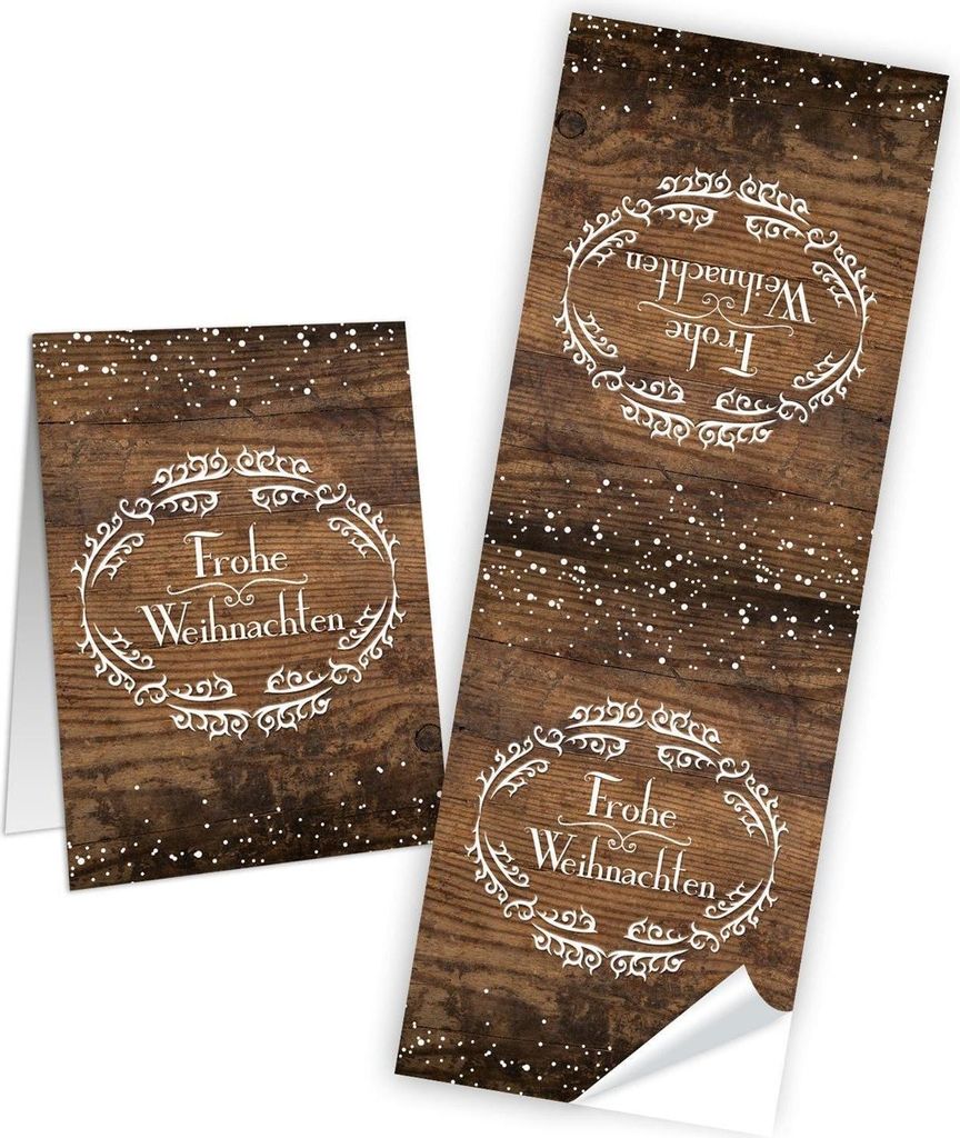 50 Weihnachtsaufkleber Geschenk-Aufkleber FROHE WEIHNACHTEN braun weiß Holz-Optik rustikal 5 x 14,8 cm - Verpackung Geschenke Papiertüten zuklebe...