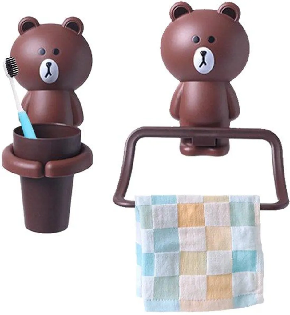 Lot de 2 porte-brosses à dents Ours marron enfant sans perçage mural