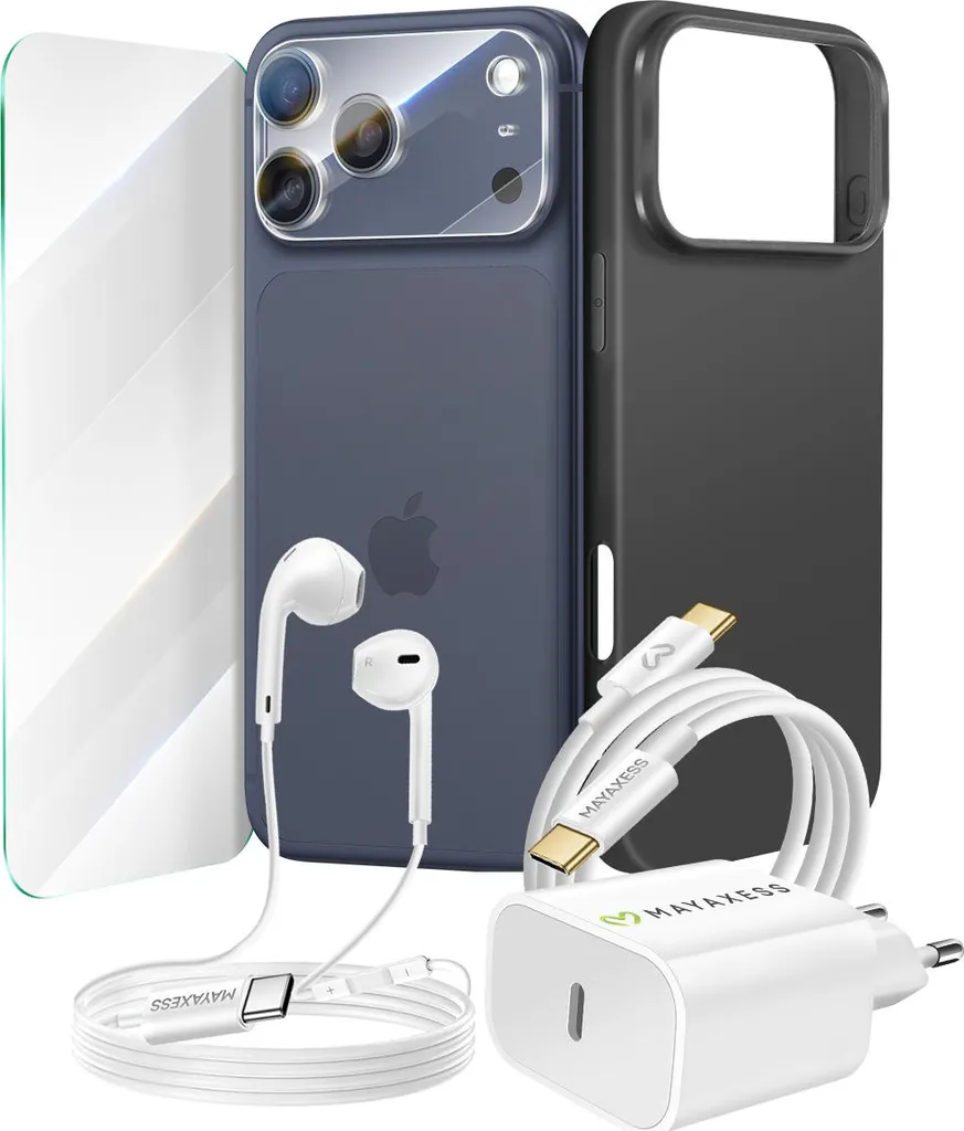 Kit 6-in-1 Mayaxess per iPhone 17 Pro Max: Cover, Vetro e Caricatore