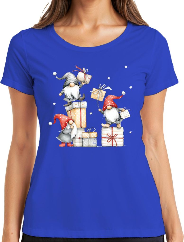 Weihnachtswichtel Geschenke Stapel Weihnachten Skandinavisch Damen T-Shirt, Blau, M