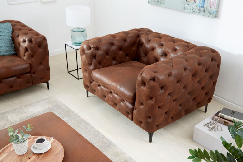 riess-ambiente Design Chesterfield Sessel MODERN BAROCK 120cm antik braun Microfaser mit Federkern