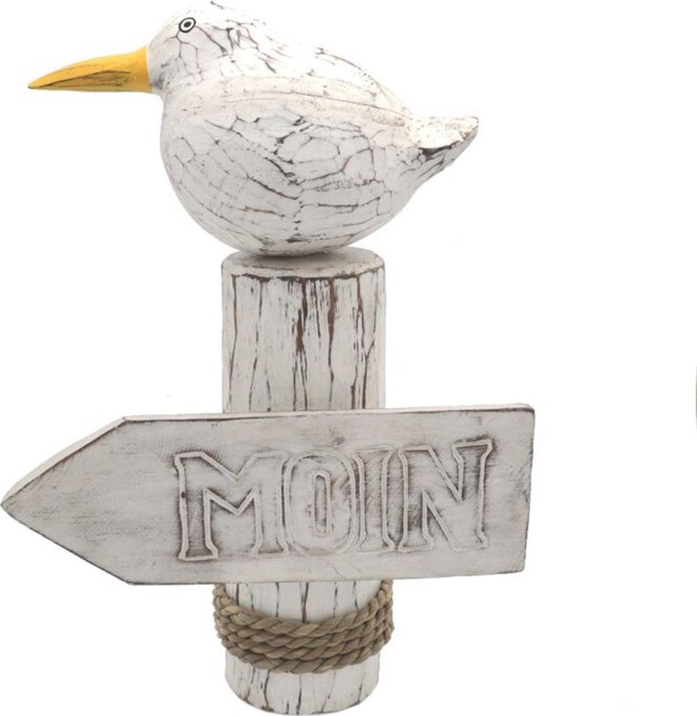 Möwe Moin auf Poller 33 cm Dekorative Holzmöwe Moin auf Dalbe 33 cm Seagull on wood 33 cm