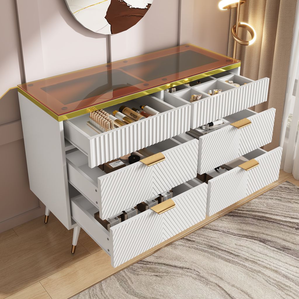 STILVORA Sideboard Kommode mit Facheinteilung,Aufbewahrungsschrank Beistellschrank mit 6 Schubladen,aus Bernstein Glas,Weiß