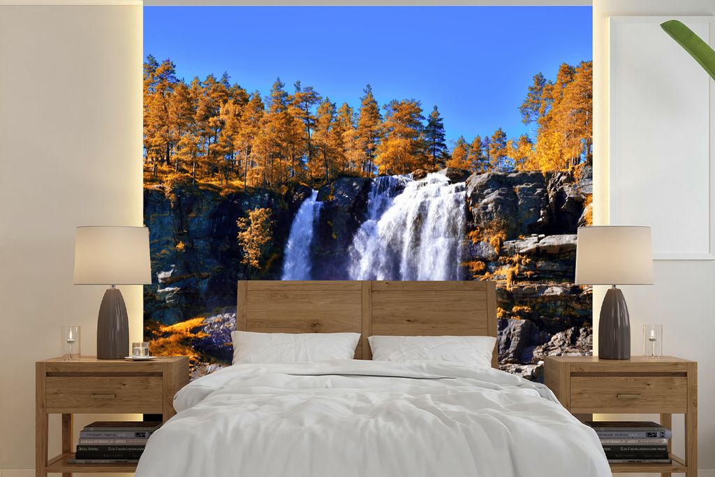 MuchoWow Fototapete für Wohnzimmer oder Schlafzimmer Wandtapete Vinyl Motivtapete Wasserfall - Norwegen - Natur - 260x260 cm - Papiertapeten