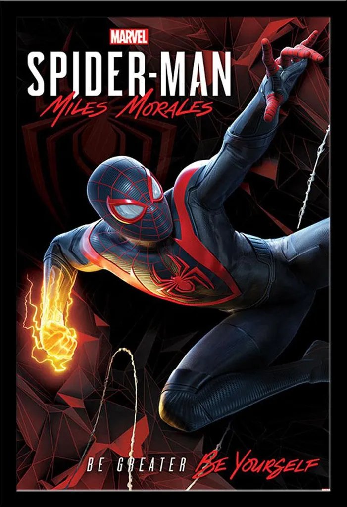 Spider-Man - Poster - Miles Morales - Altalena cibernetica + cornice rimovibile, Shinsuke® Maxi MDF nero, disco acrilico
