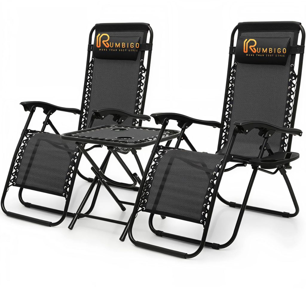 Gartenliege 2er Set Zero Gravity mit Tisch Klappbar Sonnenliege Rumbigo Schwarz