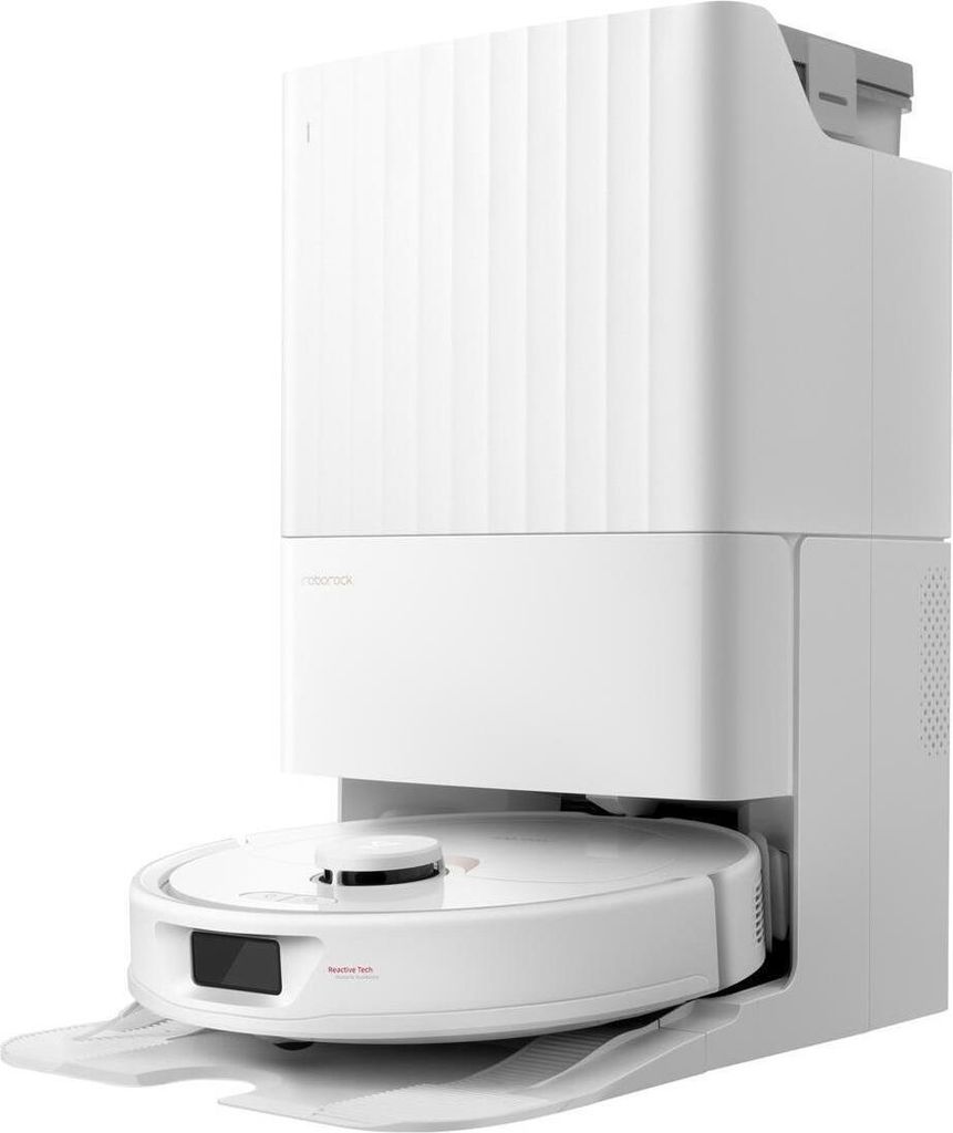 A white robot vacuum cleaner with its charging and cleaning station, shown from a side angle against a white background.