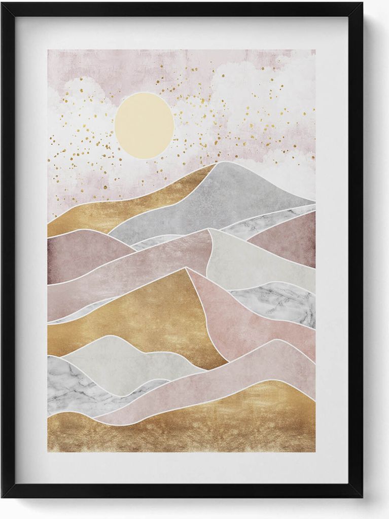 Abstrakte Wüsten- und Sonnenlandschaft– Wandbild mit Rahmen – Gerahmtes Bild – Wanddekoration – 50x70 cm – Schwarz Rahmen