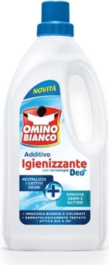 A white plastic bottle of Omino Bianco laundry additive with a blue cap.
