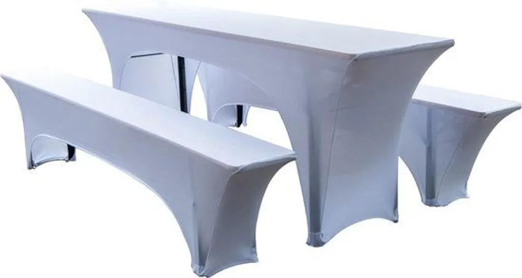 Nappe et housses de bancs élastiques 50 cm blanc pour set de brasserie