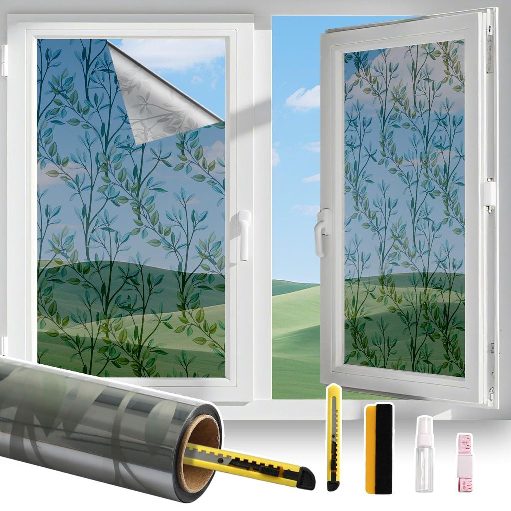 Fensterfolie - Spiegelfolie mit grünem Blattmuster - Sichtschutz für Glasflächen - Silber - 44,5 x 400 cm