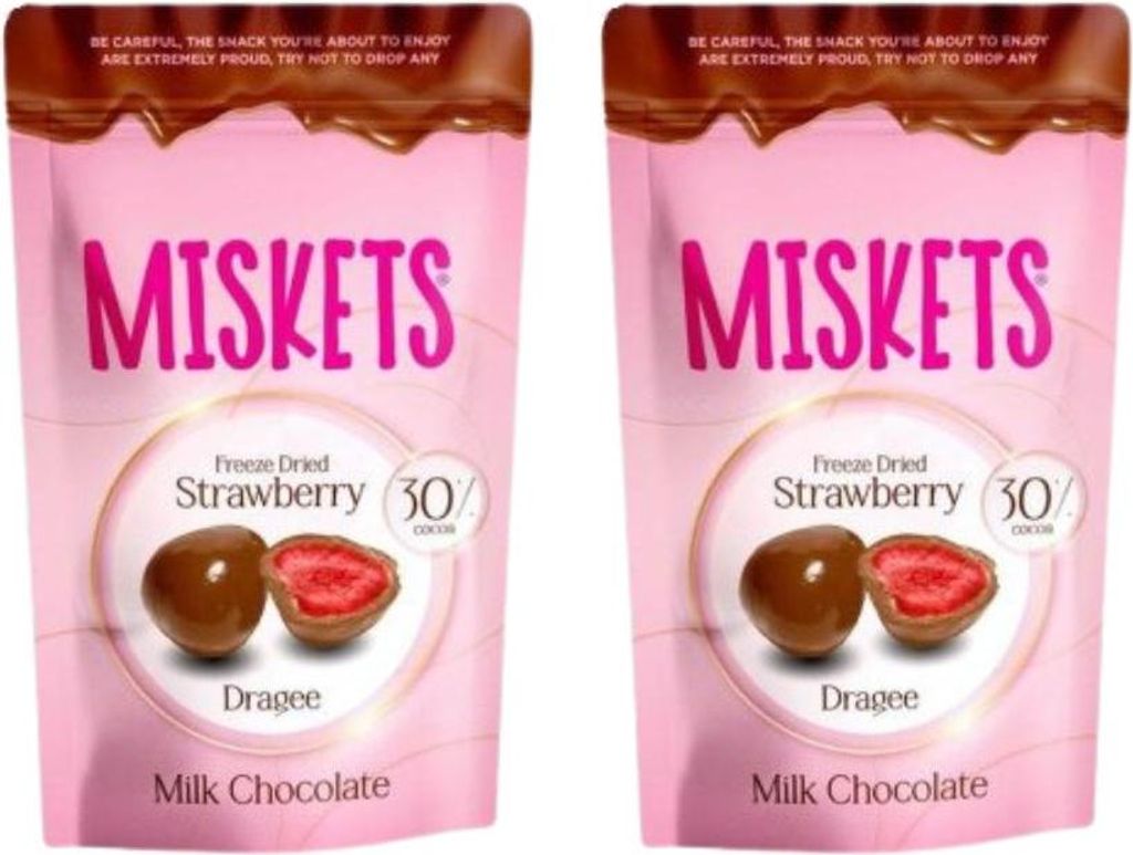 2x Miskets Gefriergetrocknete Erdbeer-Schokolade - Knusprige Erdbeer-Häppchen umhüllt von zarter Milch +Heartforcards Versandschutz