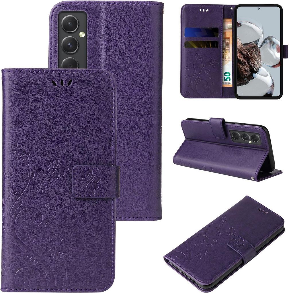 A collage of images showing a purple floral flip phone case from different angles, including its interior card slots and how it can be used as a stand.