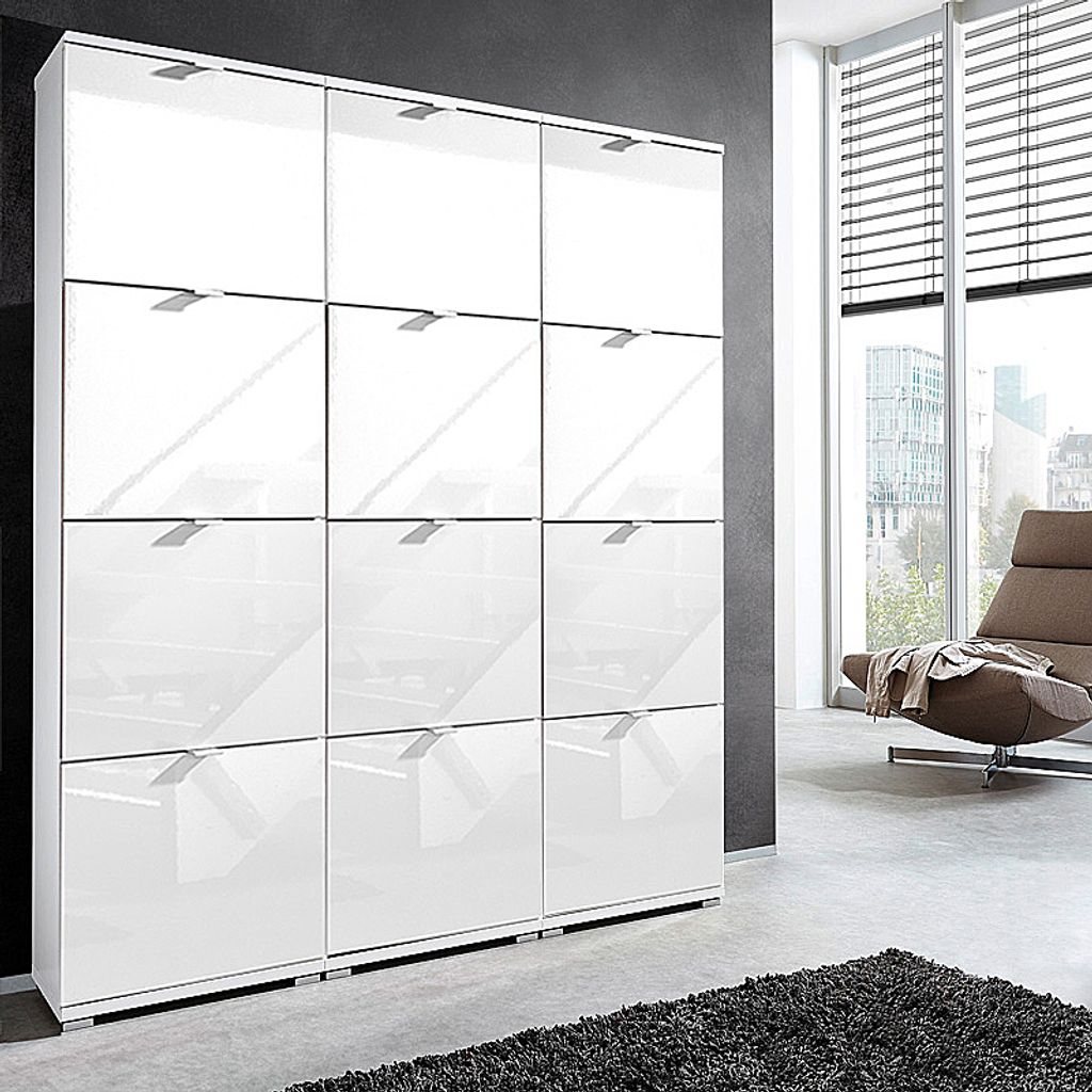XL Schuhschrank DETROIT-01 für 48 Paar Schuhe, Hochglanz weiß, B x H x T ca. 159 x 174 x 30cm