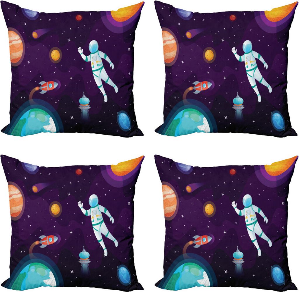 ABAKUHAUS Universum Kissenbezug Set (4 Stück), Astronaut in Space System, Moderner Doppelseitiger Digitaldruck, 45 cm x 45 cm, Dark Purple Multicolor
