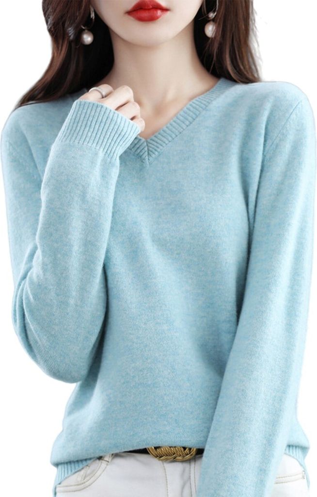 ASKSA Damen Wolle V-Ausschnitt Pullover Leicht Sweater Elegant Strickpullover Slim Fit Warm Pulli Basic Sweatshirt, Hellgruen, L