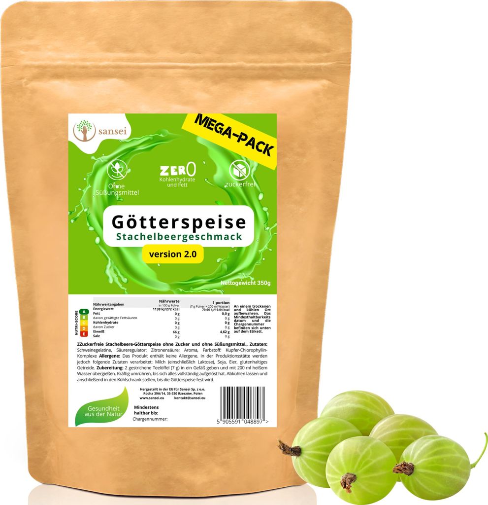 Zuckerfreie Götterspeise Ohne Zucker & Süßungsmittel Low Carb Dessert 350g (50portionen) Kalorienarm (Stachelbeeren)