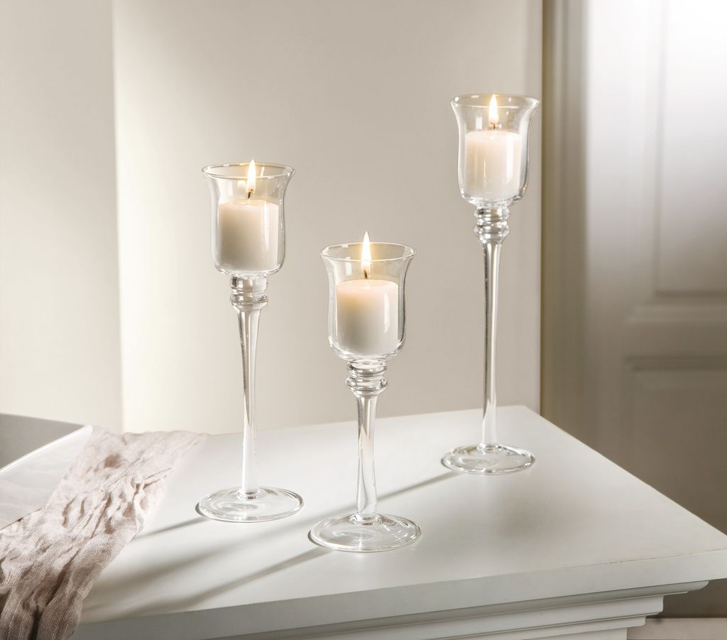 3 Kerzenhalter Glas Windlicht 18/22/25cm – Teelichthalter Produktbild 