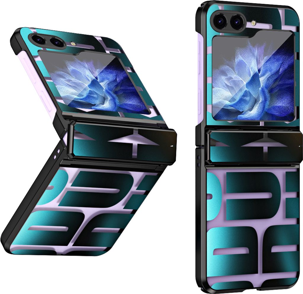 Two views of a flip phone case with a patterned design and a screen displaying a blue and white abstract image.