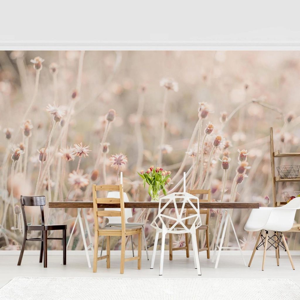 Fototapete Blumen - Vliestapete - Bildtapete UV-beständig Blumenwiese beige Landhaus Wandtapete geruchsfrei