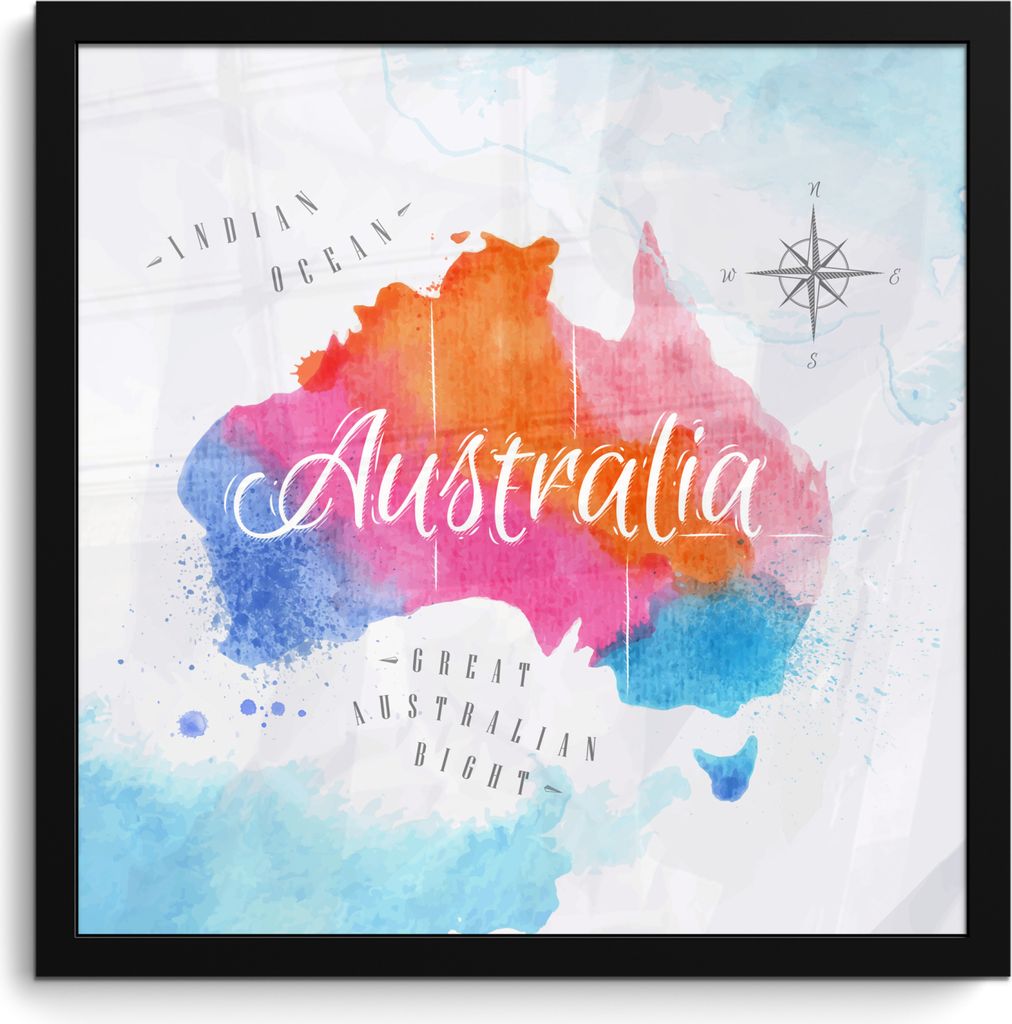 MuchoWow MuchoWow Gerahmtes Poster Ölgemälde - Weltkarte - Australien 40x40 cm - Poster mit zchwarzem Bilderrahmen - Mit Rahmen - Wanddekorat...