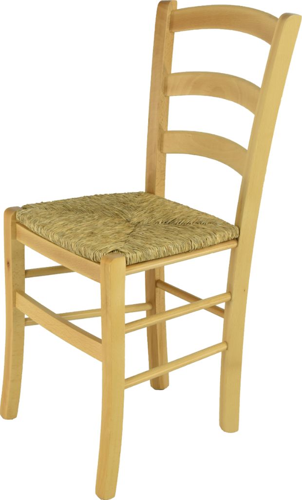 A wooden chair with a straw seat.