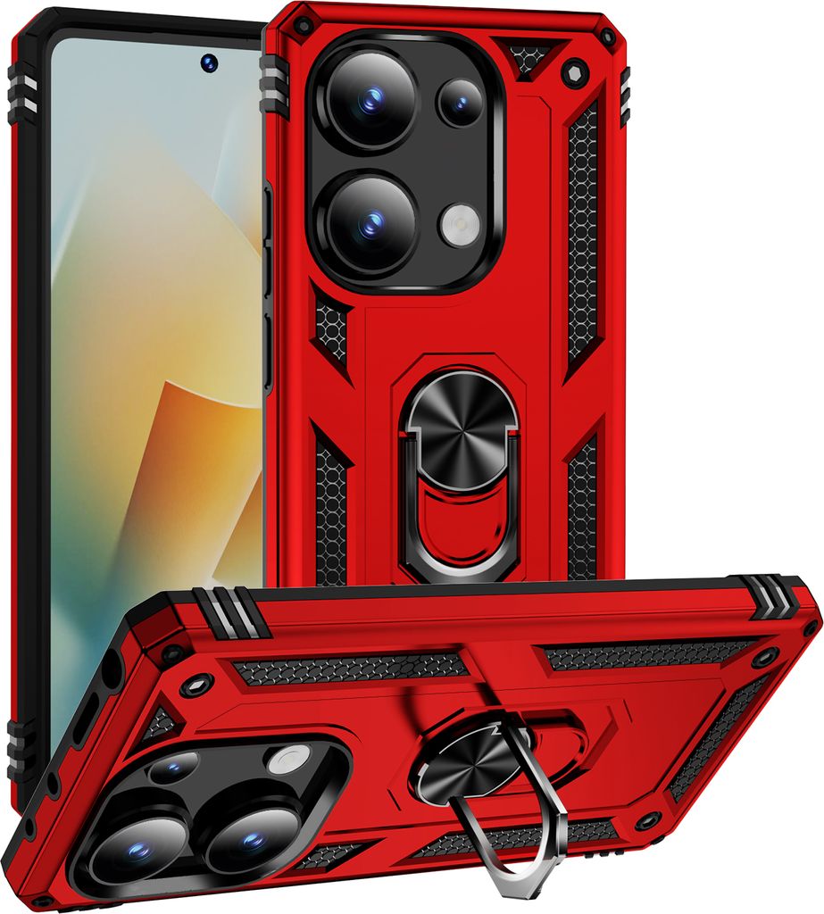 Schutzhülle für Xiaomi Redmi Note 13 Pro 4G Dual Layer Robust Militäre Fallschutz Hülle mit Ringhalterung Ständer Rot