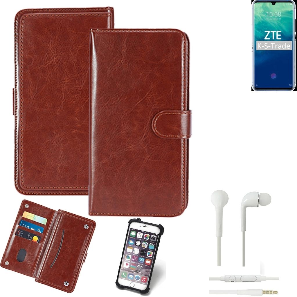 K-S-Trade 360° Hülle kompatibel mit ZTE Blade V10 inkl. Headphones braun Kunstleder Case BookCase WalletCase Kunstlederederhülle Handyhülle,