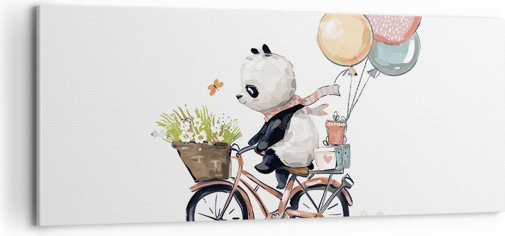 Bild auf Leinwand - Leinwandbild - Einteilig - Panda Fahrrad Kinder - 100x40cm - Wand Bild - Wanddeko - Wandbilder - Leinwanddruck - Bilder - Wandd...