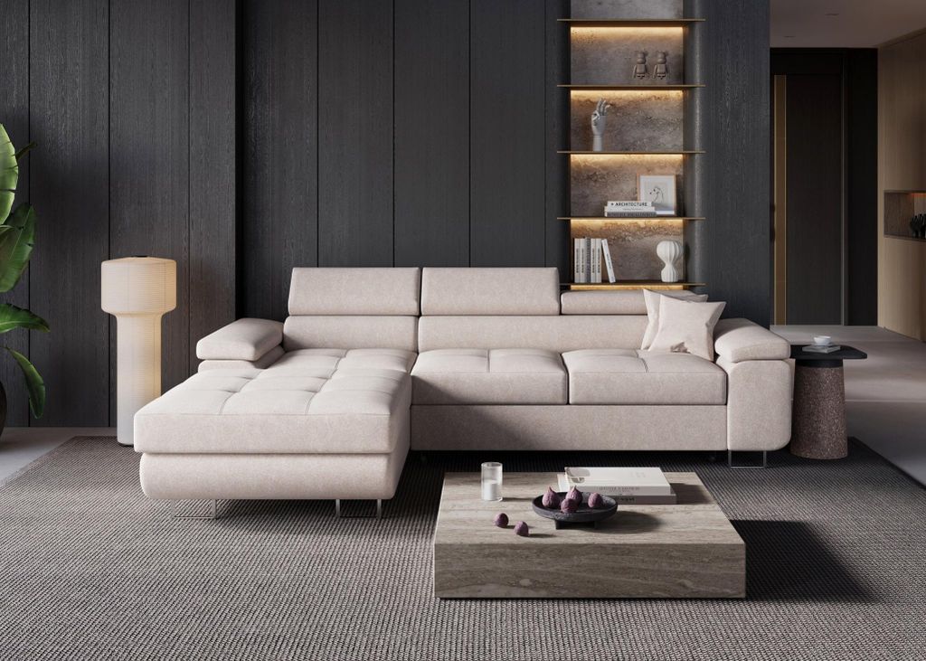 Ecksofa Softino L-Form mit Schlaffunktion und Bettkasten. Seite: Links, Stoff: Volare_castel_04