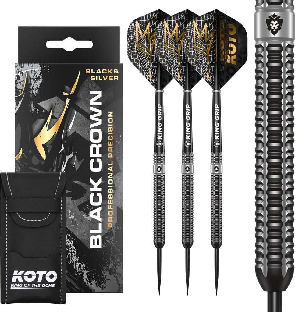 KOTO - Black Crown 90% Darts 23 G, Schwarz & Silber, Darts Set inkl. 3 Barrels, Flights + Shafts & Dartwallet, Fester Ringgrip