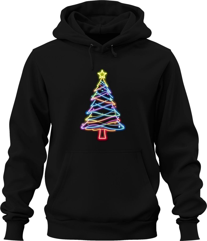 Neon Weihnachtsbaum Leuchtend Bunt Stern Neonlicht Weihnachten Uni Hoodie Kapuzenpullover, Schwarz, 3XL