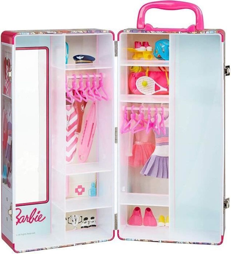 Barbie Kleiderschrank Koffer von Klein, für Puppenkleidung & Zubehör, Rosa & Multicolor, 15,9 x 13 x 32 cm, mit 12 Kleiderbügeln