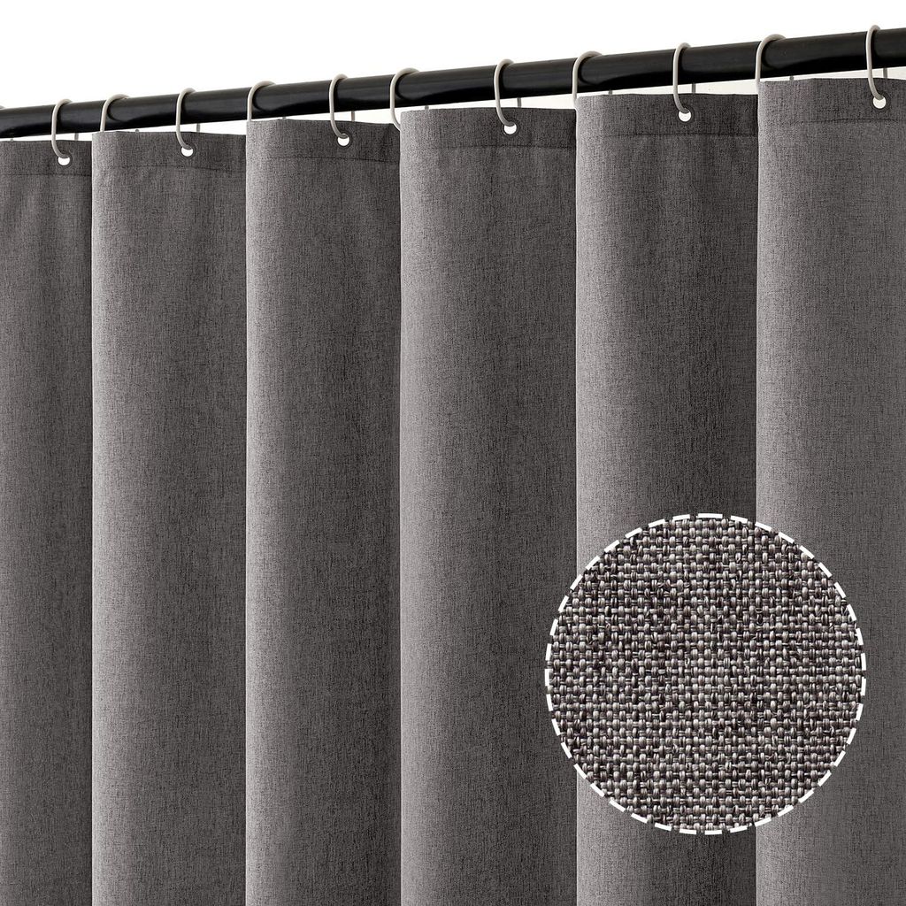 Duschvorhang in Leinenoptik, 180 x 200 cm, grau, schwer, wasserdicht, aus Polyester in Hotelqualität, schimmelresistent, waschbar, mit 12 Ringen.