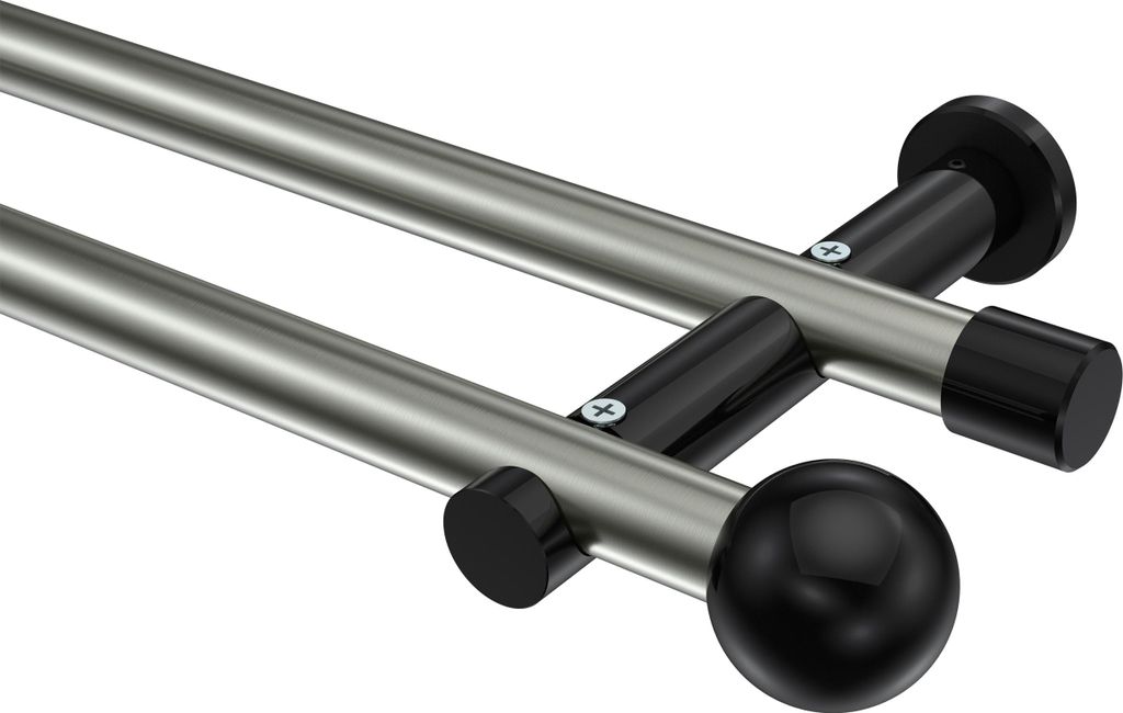 Interdeco Gardinenstange / Vorhangstange Edelstahl-Optik / Schwarz, Typ Platon Luino (Kugel) ohne Ringe, 20 mm Ø 2-läufig, 280 cm