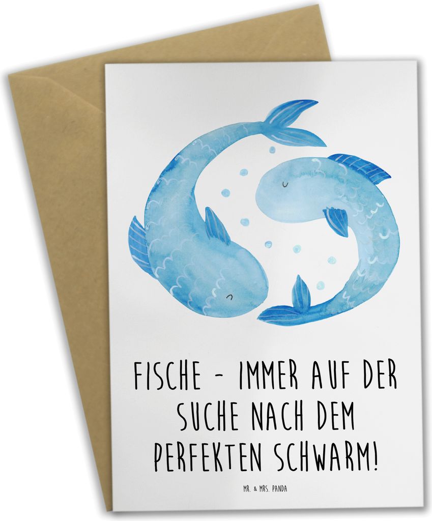 Mr. & Mrs. Panda Grußkarte Fische Schwarm - Weiß - Geschenk, Tierkreiszeichen, Geschenke Sternzeichen, neujahrskarte, osterkarte, Persönlichkeit...