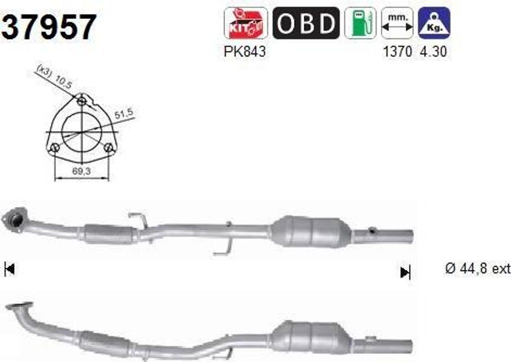 AS 37957 Katalysator OE 6R0254501QX kompatibel mit Ibiza, Fabia, Roomster, Polo 6R