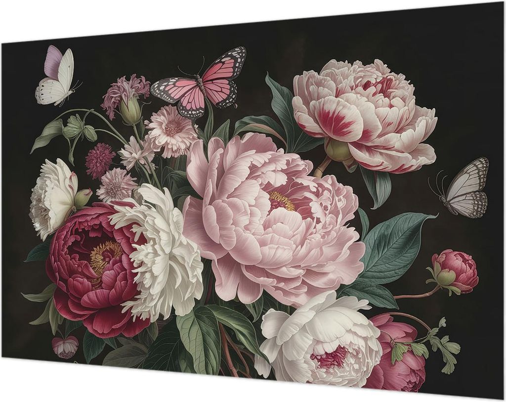 Wandtapete - Dekorative Tapete für Wohnzimmer- Tapetenfolie für Wanddekoration - 104x70 cm - Pfingstrosen und Schmetterlinge