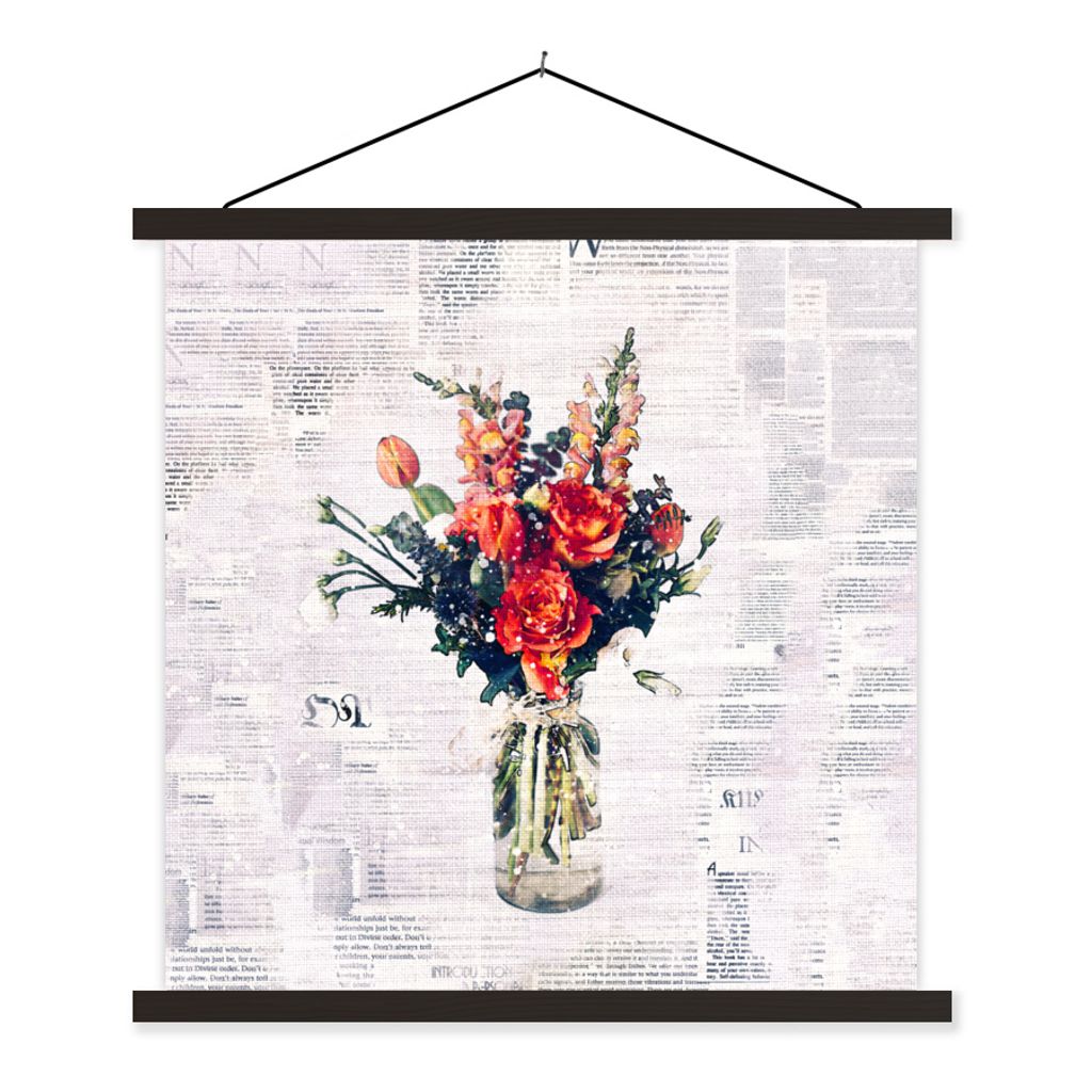 MuchoWow Textilposter Vase - Blumen - Zeitungspapier 90x90 cm mit schwarzem Rahmen - Magnetisches