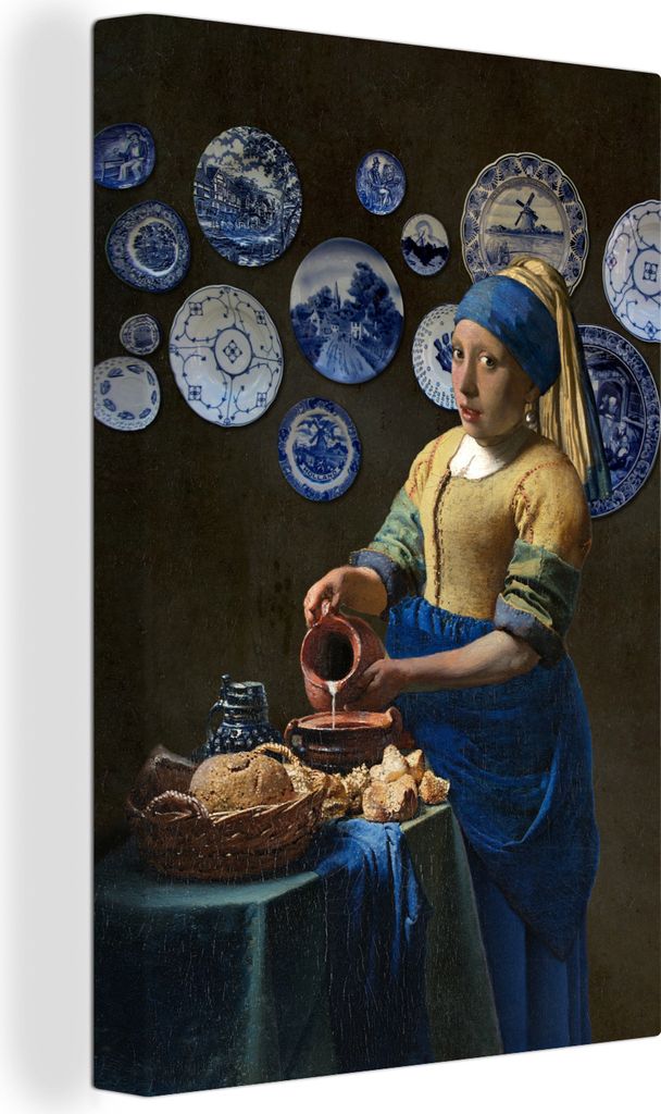 OneMillionCanvasses - Leinwandbilder - 90x140 cm, Milchmädchen - Mädchen mit Perlenohrring - Delfter Blau, Wandbilder Kunstdruck Wanddekoration...